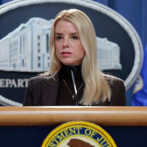 U.S. Attorney General Pam Bondi arrives to a news conference at the Department of Justice Building on February 12, 2025 in Washington, DC.