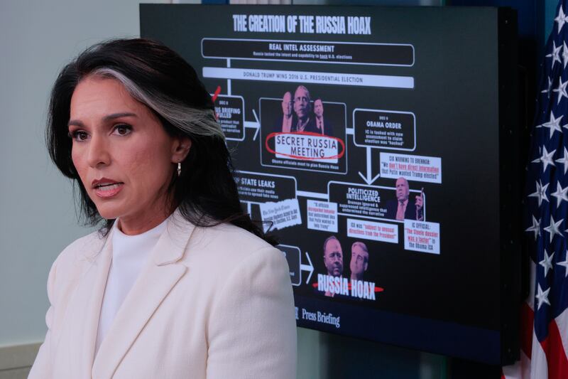 Director of National Intelligence Tulsi Gabbard talks to reporters at the White House on July 23, 2025 in Washington, D.C., addressing a 2017 report from the House Permanent Committee on Intelligence that she says undermines the conclusion of intelligence agencies during the Obama administration that Russia favored the election of Donald J. Trump in 2016.