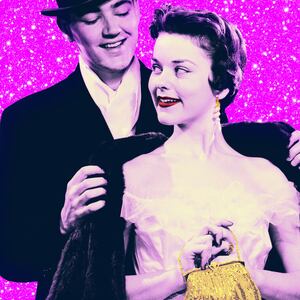 A photo illustration of a 1950s man helping a woman in a dress with her fur coat.