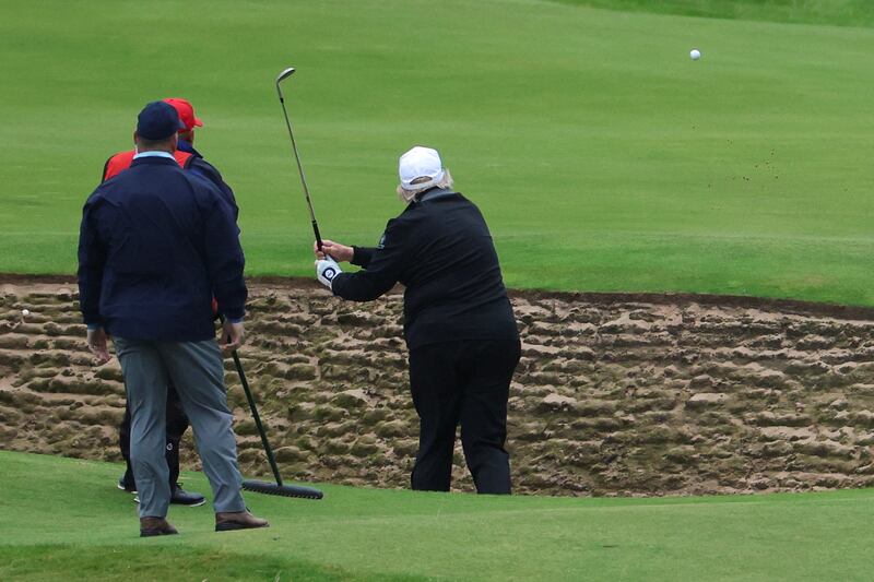 U.S. President Donald Trump golfs at Trump Turnberry resort in Turnberry, Scotland, Britain, July 27, 2025. REUTERS/Phil Noble