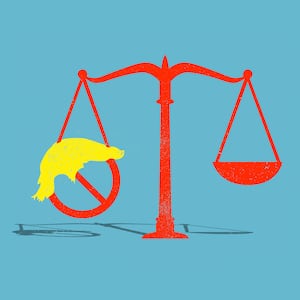 Illustration of red scales of justice with one side as a stop/cancel symbol with trump's hair on top