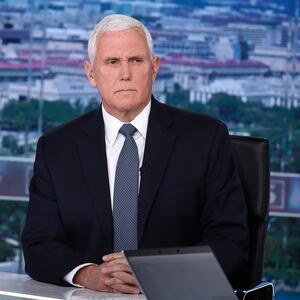 Former Vice President Mike Pence (L) visits FOX News Channel’s \"America Reports\" with John Roberts at the FOX News D.C. Bureau on January 30, 2024 in Washington, DC.