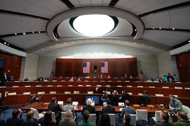 UNITED STATES - SEPTEMBER 9: A saucer-shaped light hangs above the House Oversight and Government Reform Committee Task Force on the Declassification of Federal Secrets Subcommittee hearing on "Restoring Public Trust Through UAP (Unidentified Anomalous Phenomena) Transparency and Whistleblower Protection" in the Capitol Visitor Center on Tuesday, September 9, 2025. (Bill Clark/CQ-Roll Call, Inc via Getty Images)