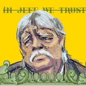 Photo illustration of a courtroom sketch of Jeff McConney with the words “In Jeff We Trust” crossed out behind his head and a flourish of a money border at the bottom.