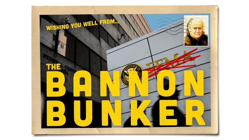 Vintage inspired postcard of the fema building being renamed the bannon bunker