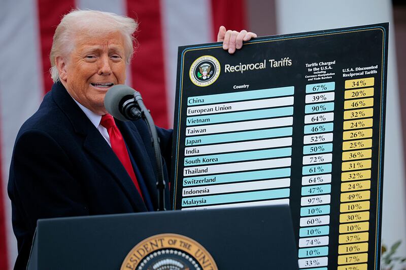 President Donald Trump holds up a chart of "reciprocal tariffs" while speaking during a “Make America Wealthy Again” trade announcement event in the Rose Garden.