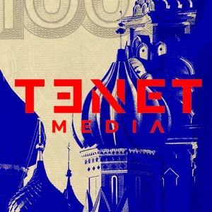 A photo illustration showing the Tenet Media group logo and Russian currency.