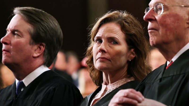 Supreme Court Associate Justice Amy Coney Barrett, Justice Brett Kavanaugh and retired Justice Anthony Kennedy attend Donald Trump's address to a joint session of Congress at the U.S. Capitol on March 04, 2025 in Washington, DC.