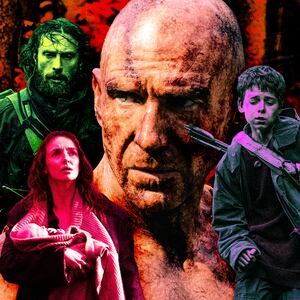 A photo illustration of Aaron Taylor-Johnson, Alfie Williams, Jodie Comer, and Ralph Fiennes in 28 Years Later.