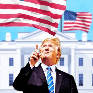 A photo illustration of President Donald Trump looking up at two giant US Flags flying above The White House.
