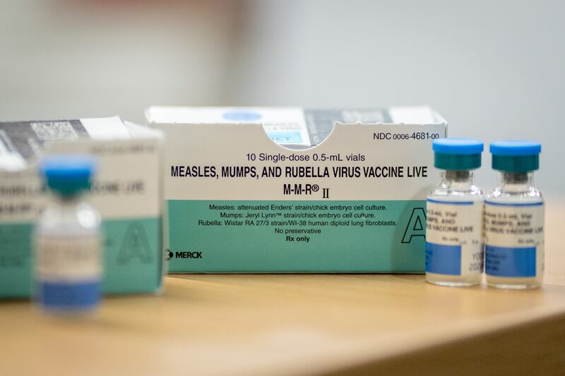 Boxes and vials of the Measles, Mumps, Rubella Virus Vaccine at a vaccine clinic put on by Lubbock Public Health Department on March 1, 2025 in Lubbock, Texas.