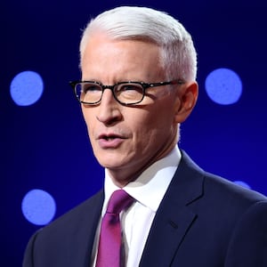 FLINT, MI - MARCH 06:  Debate moderator Anderson Cooper looks during the CNN Democratic Presidential Primary Debate between Democratic presidential candidate Hillary Clinton and candidate Senator Bernie Sanders (D-VT) at the Whiting Auditorium at the Cultural Center Campus on March 6, 2016 in Flint, Michigan. Voters in Michigan will go to the polls March 8 for the state's primary.  (Photo by Scott Olson/Getty Images)