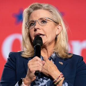 Former U.S. Rep. Liz Cheney (R-WY) speaks at a town hall with Democratic presidential nominee, Vice President Kamala Harris, at the Royal Oak Music Theatre on October 21, 2024 in Royal Oak, Michigan.