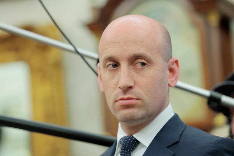WASHINGTON, DC - MAY 06: White House Deputy Chief of Staff Stephen Miller listens as U.S. President Donald Trump and Canadian Prime Minister Mark Carney speak to reporters in the Oval Office at the White House on May 6, 2025 in Washington, DC. Carney, who was elected into office last week, is expected to meet with President Trump to discuss trade and the recent tariffs imposed on Canada. (Photo by Anna Moneymaker/Getty Images)