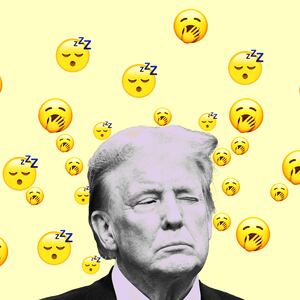 A photo illustration of Donald Trump with eyes closed and sleepy emojis.