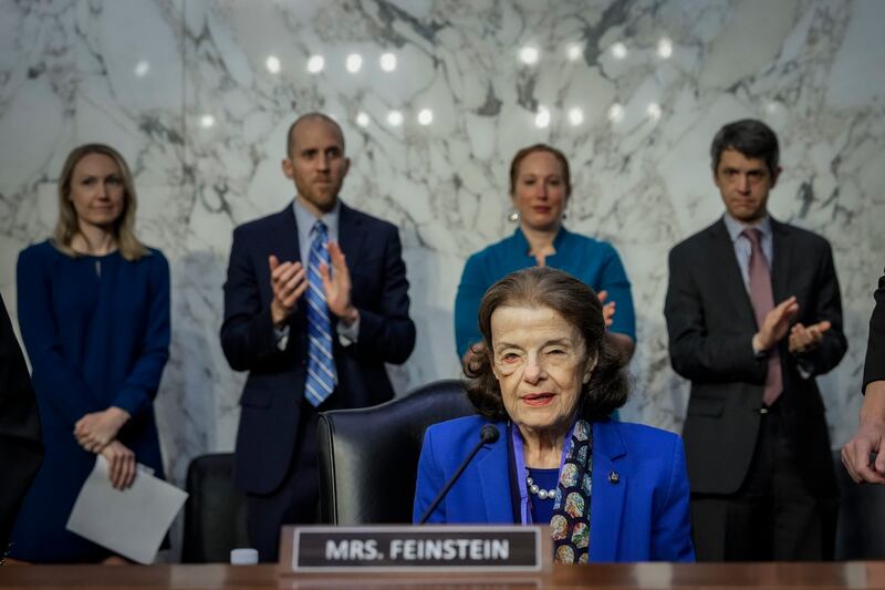 WASHINGTON, DC - MAY 11: Sen. Dianne Feinstein (D-CA) arrives and takes her seat at a business hearing of the Senate Judiciary Committee on Capitol Hill May 11, 2023 in Washington, DC.
