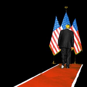 Photo illustration of Donald Trump walking away from the camera on a red carpet with flags in front of him