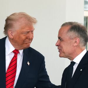 President Donald Trump greets Canadian Prime Minister Mark Carney as he arrives at the West Wing of the White House on May 6, 2025 in Washington, DC. Carney, who was elected into office last week, is expected to meet with President Trump to discuss trade and the recent tariffs imposed on Canada.