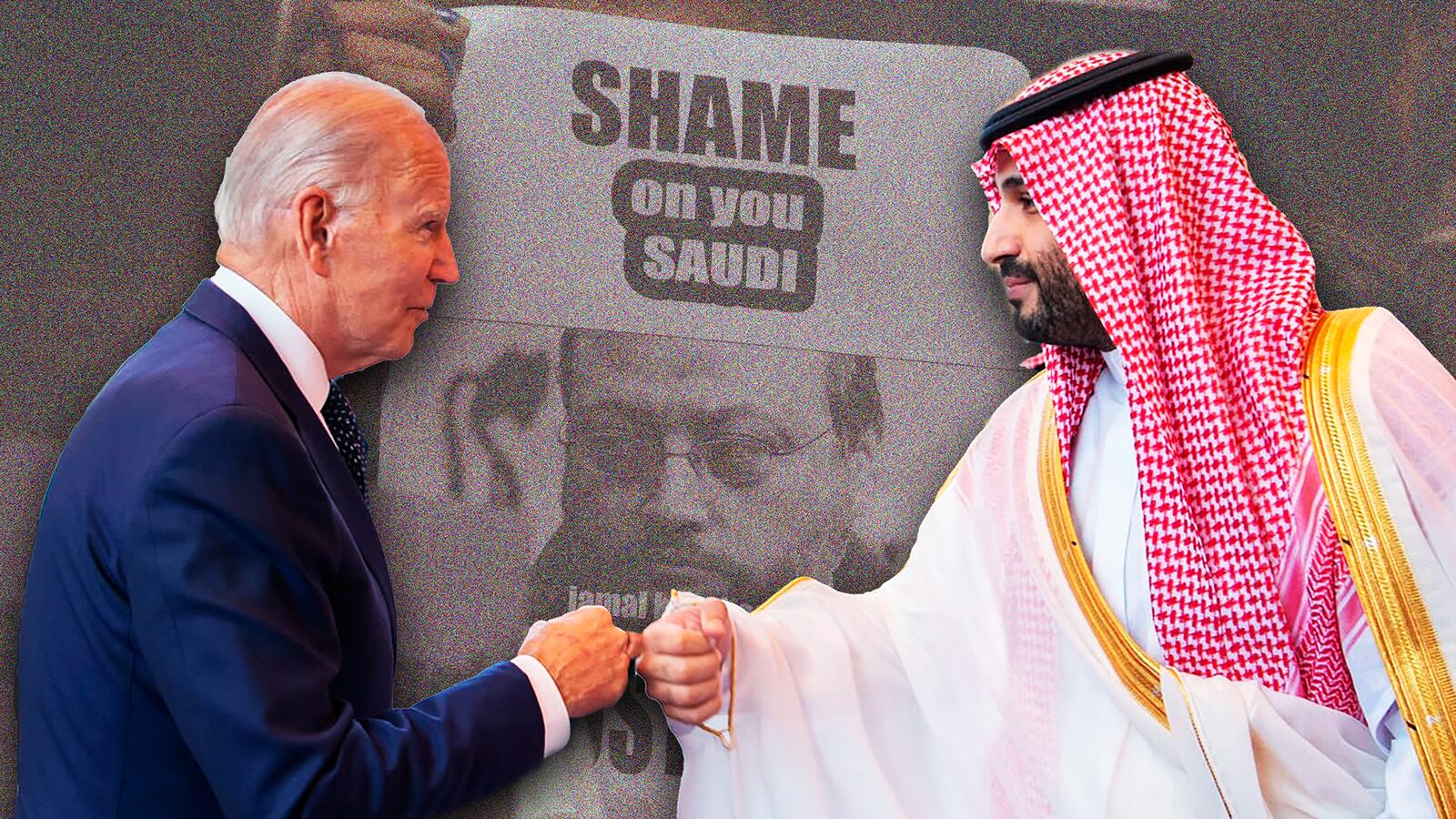 An illustration of Joe Biden and Mohammad bin Salman fist-bumping.