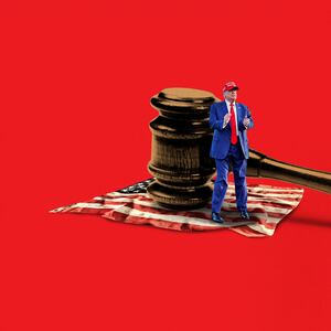 A photo illustration of Donald Trump and a giant gavel on a crumbled and dirty American flag