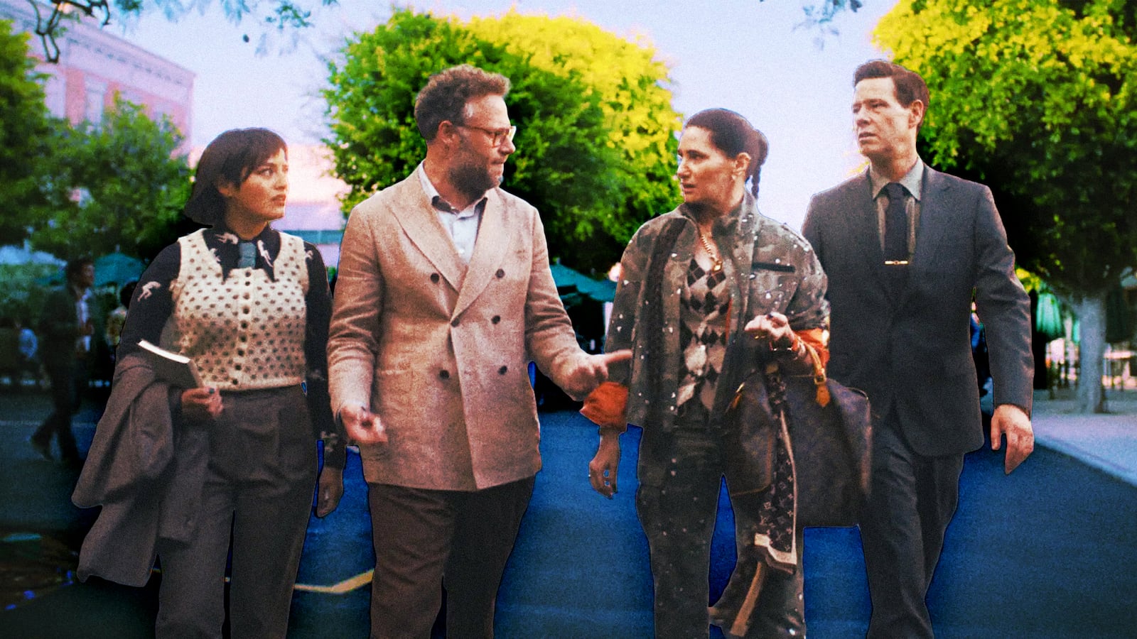 A photo illustration of Chase Sui Wonders, Seth Rogen, Kathryn Hahn, and Ike Barinholtz.