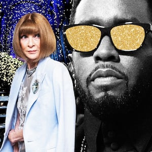Anna Wintour and Sean Diddy Combs in a photo collage in front of the 2025 Met Gala