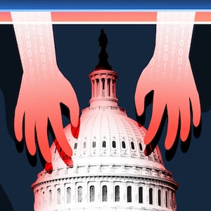 Hands reaching from a computer over the Capitol building.