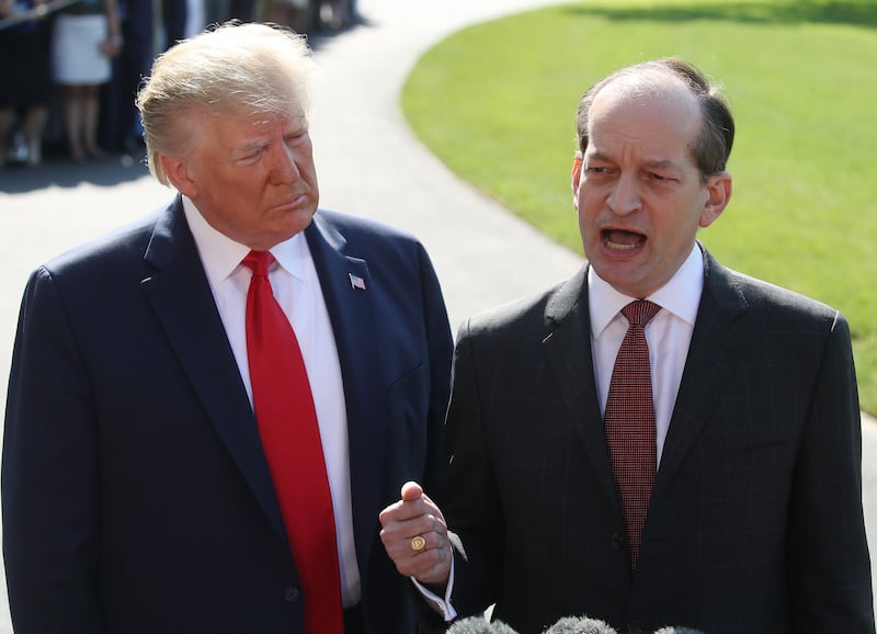 Trump's first labor secretary, Alex Acosta, negotiated the 2008 plea deal with Jeffrey Epstein. Acosta resigned in 2019.