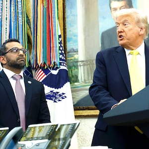 U.S. President Donald Trump speaks alongside Federal Bureau of Investigation Director Kash Patel