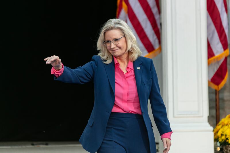 Liz Cheney, former United States Representative and daughter of Dick Cheney speaks during a rally at Ripon College on October 3, 2024 in Ripon, Wisconsin.
