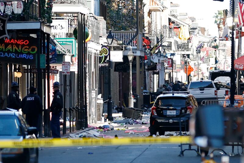 Debris is left along Bourbon Street after a pickup truck was driven into a large crowd in the French Quarter of New Orleans, Louisiana.