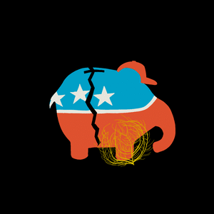 Illustrative gif of a broken GOP elephant piggy bank and a tumble weed.
