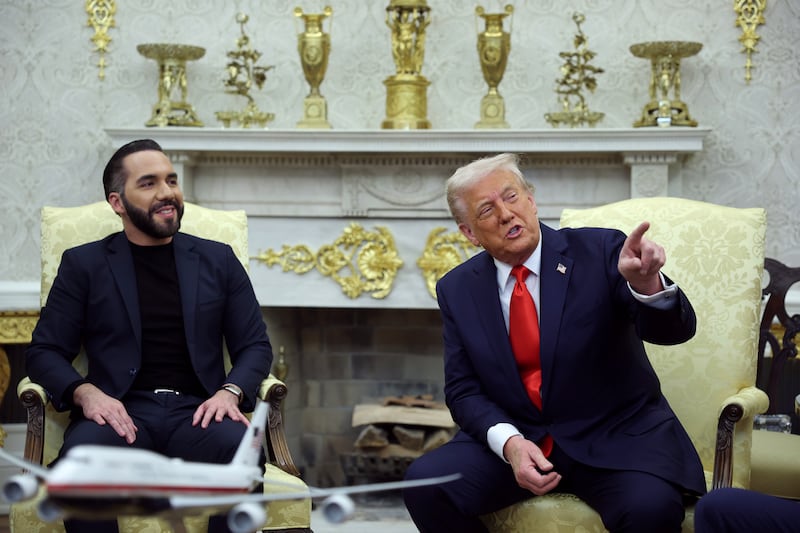 President Donald Trump meets with President Nayib Bukele of El Salvador in the Oval Office.