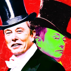 Elon Musk as Dr. Jekyll and Mr. Hyde.