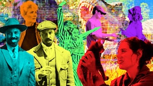 A photo illustration of Sorry, Baby. Sinners. Down Cemetery Road. Jurassic Park Rebirth. Dancing With the Stars. I Love LA.