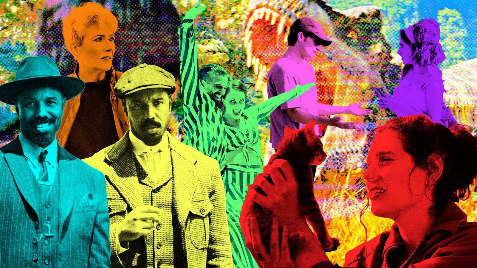 A photo illustration of Sorry, Baby. Sinners. Down Cemetery Road. Jurassic Park Rebirth. Dancing With the Stars. I Love LA.