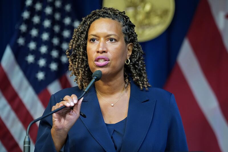 WASHINGTON, DC - AUGUST 11: Washington, DC Mayor Muriel Bowser speaks at a press conference after President Donald Trump announced a federal takeover of the Metropolitan Police Department at the Wilson Building on August 11, 2025 in Washington, DC. President Trump announced he is placing the Department under federal control, and will deploy the National Guard to the District in order to assist in crime prevention in the nation’s capital. (Photo by Kevin Dietsch/Getty Images)