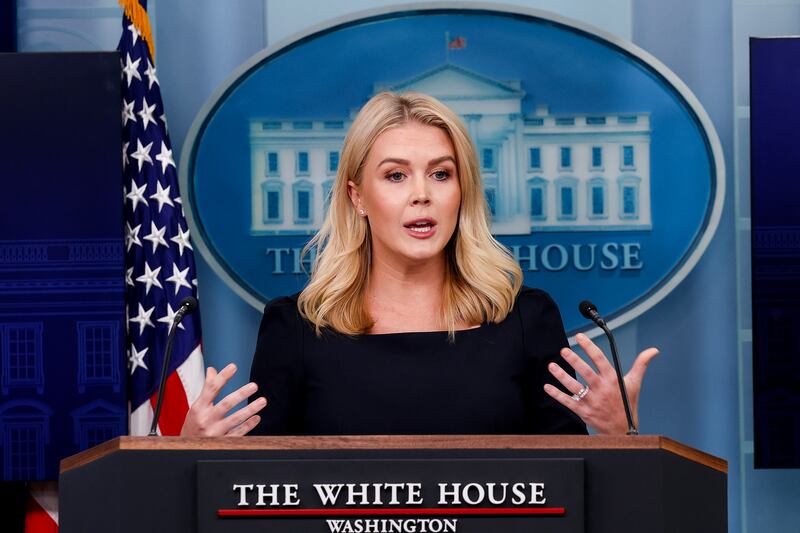 WASHINGTON, DC - APRIL 15: White House press secretary Karoline Leavitt speaks during a daily press briefing in the Brady Press Briefing Room at the White House on April 15, 2025 in Washington, DC. Leavitt took questions on the Trump administration's plan to block federal grants and contracts from Harvard University, deportations, a Russia peace deal with Ukraine and other topics. (Photo by Win McNamee/Getty Images)