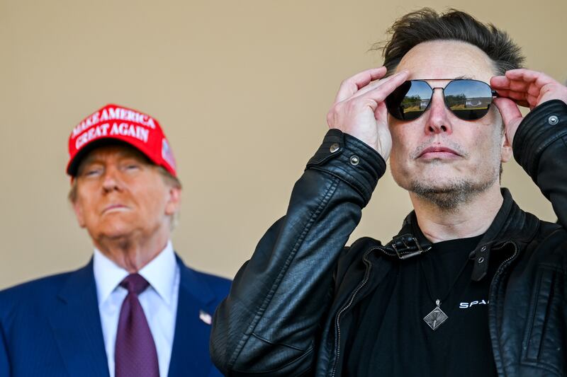 U.S. President Donald Trump and Elon Musk watch the launch of the sixth test flight of the SpaceX Starship rocket on November 19, 2024 in Brownsville, Texas.