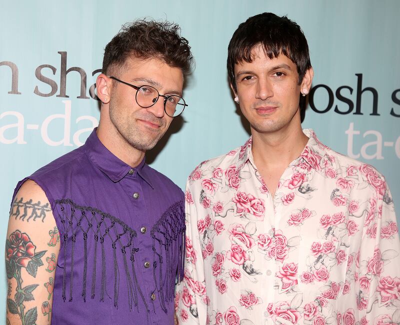 Director Sam Pinkleton and Josh Sharp pose at the opening night of the new show "Josh Sharp's Ta-Da!" at The Greenwich House Theater on July 21, 2025 in New York City.