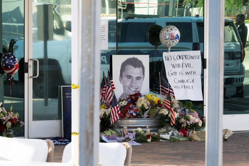 A memorial is held for Charlie Kirk, who was shot and killed in Utah, at the Turning Point USA headquarters in Phoenix, Arizona, Sept. 10, 2025.