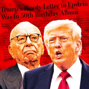 A photo illustration of Rupert Murdoch, Donald Trump, and the front page excerpt of the WSJ article about Trump's birthday letter to Jeffrey Epstein.