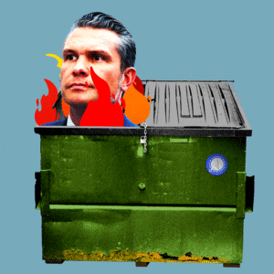 Photo illustrative gif of a green dumpster with flames and Pete Hegseth popping in and out