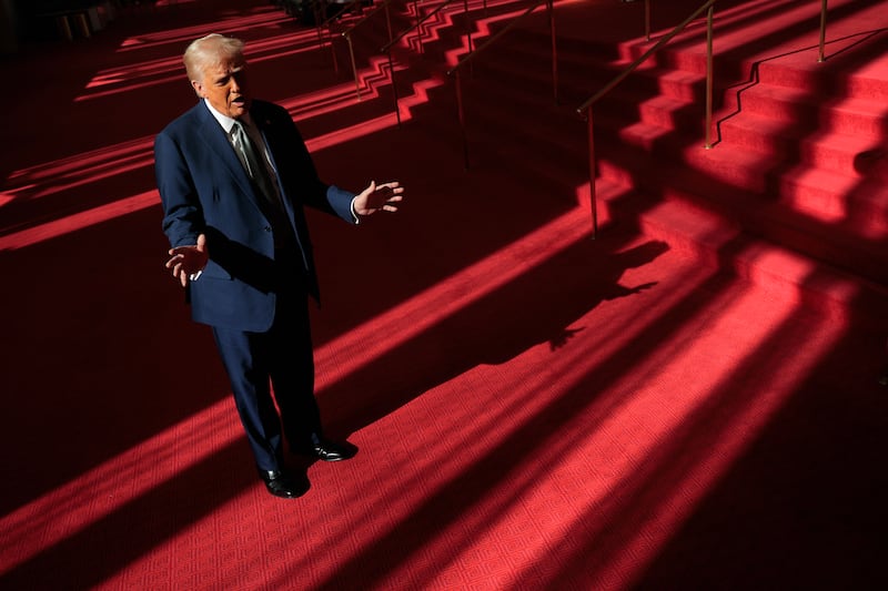 U.S. President Donald Trump talks to the media in the Grand Foyer during a tour at the John F. Kennedy Center for the Performing Arts after leading a board meeting on March 17, 2025 in Washington, DC.