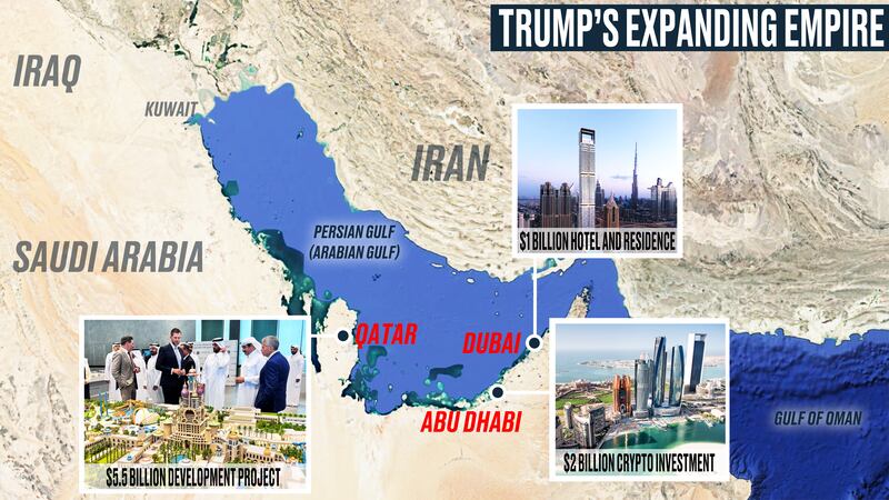 Donald Trump expanding empire map. Persian Gulf (Arabian Gulf).