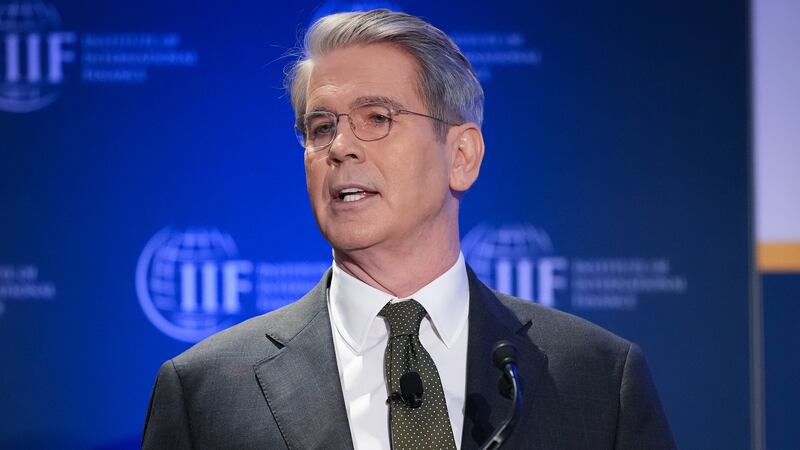 Treasury Secretary Scott Bessent delivers remarks during the International Finance Institute Global Outlook Forum at the Willard InterContinental Washington. He said that America first "does not mean America alone."
