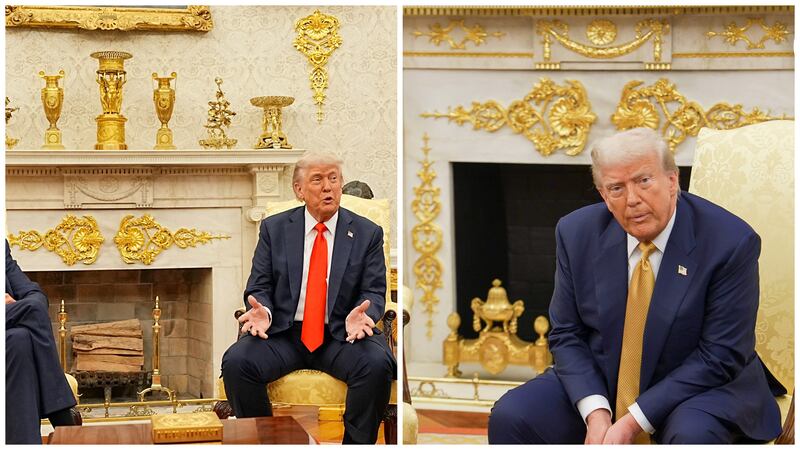 Additional gold trim was added above the Oval Office’s fireplace between President Donald Trump’s meeting with the German chancellor in June (left) and his meeting with Filipino President Ferdinand Marcos Jr. on July 22 (right).