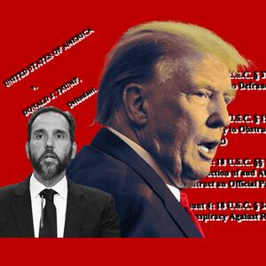 A photo illustration of Special Counsel Jack Smith and former President Donald Trump with text from 2020 election interference indictment.