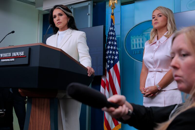 White House Director of National Intelligence Tulsi Gabbard and Press Secretary Karoline Leavitt talk to reporters in the Brady Press Briefing Room at the White House on July 23, 2025 in Washington, DC.