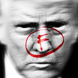 Donald Trump with a circled red "f" like a failing grade on homework over his face
